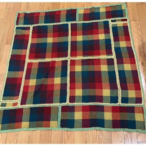Vintage Wool Plaid Crocheted Block Lap Blanket Handmade Unique - Picture 1 of 8